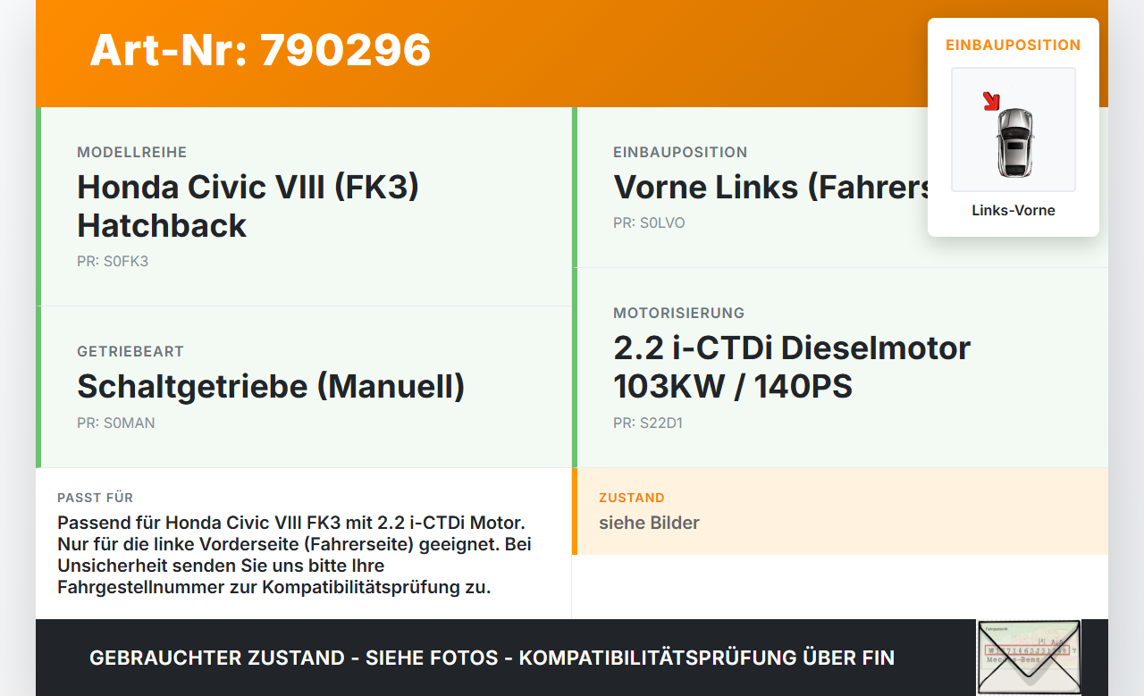 Honda Civic VIII FK3 05-11 2,2 i-CTDi 103KW Antriebswelle Gelenkwelle Links Vorne Honda Civic VIII FK3 05-11... Vorschau 3