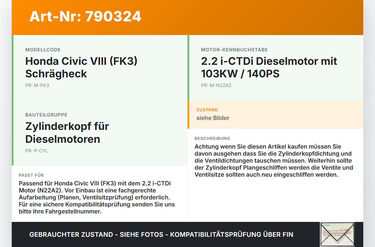 Honda Civic VIII FK3 05-11 2,2 i-CTDi 103KW N22A2 Zylinderkopf Honda Civic VIII FK3 05-11 01.06.2006 gebraucht Vorschau 3
