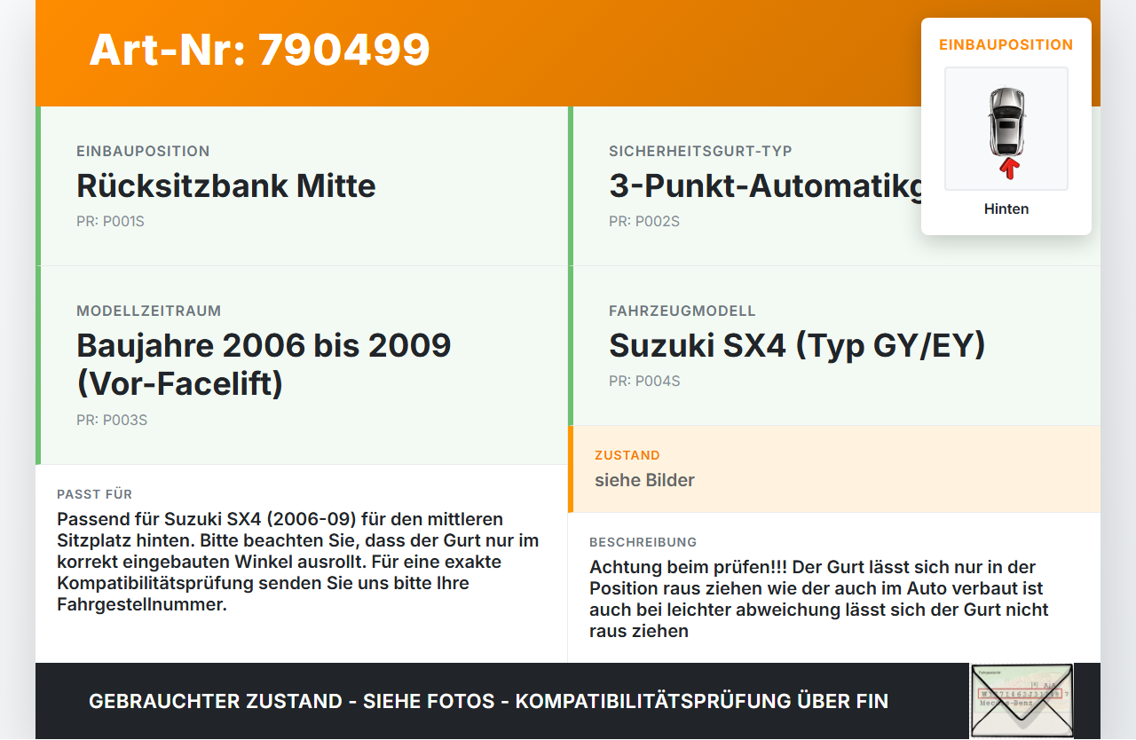 Suzuki SX4 GY EY 06-09 Gurt Sicherheitsgurt Mitte Hinten Suzuki SX4 GY EY 06-09 01.04.2008 gebraucht Vorschau 3