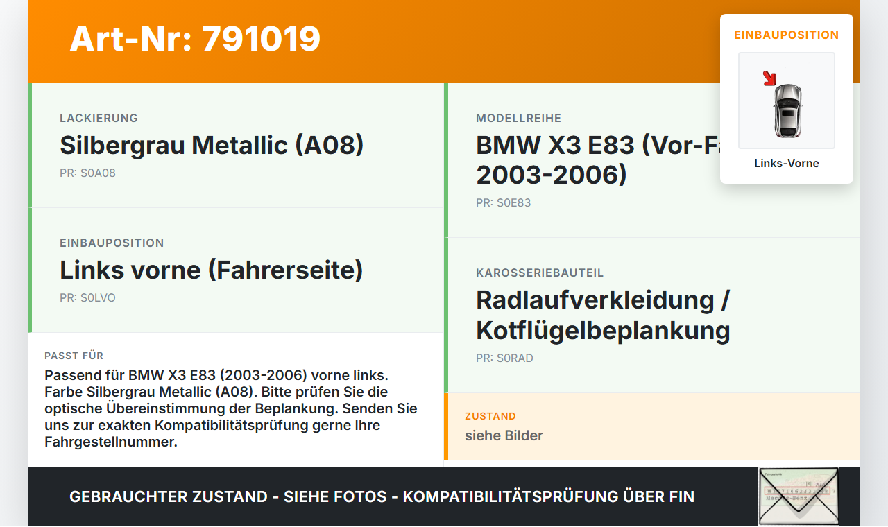BMW X3 E83 03-06 Leiste Radlauf Verkleidung Beplankung für Kotflügel Links Vorne A08 BMW X3 E83 03-06 16.04.2004... Vorschau 3