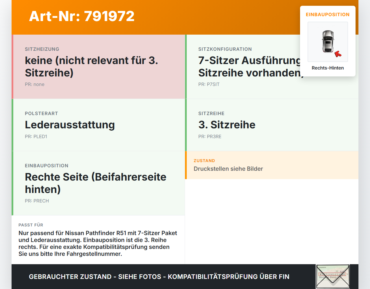Nissan Pathfinder III R51 07-13  Leder Sitzpolster Rechts für Rücksitzbank Hinten 3te Reihe Nissan Pathfinder III... Vorschau 3
