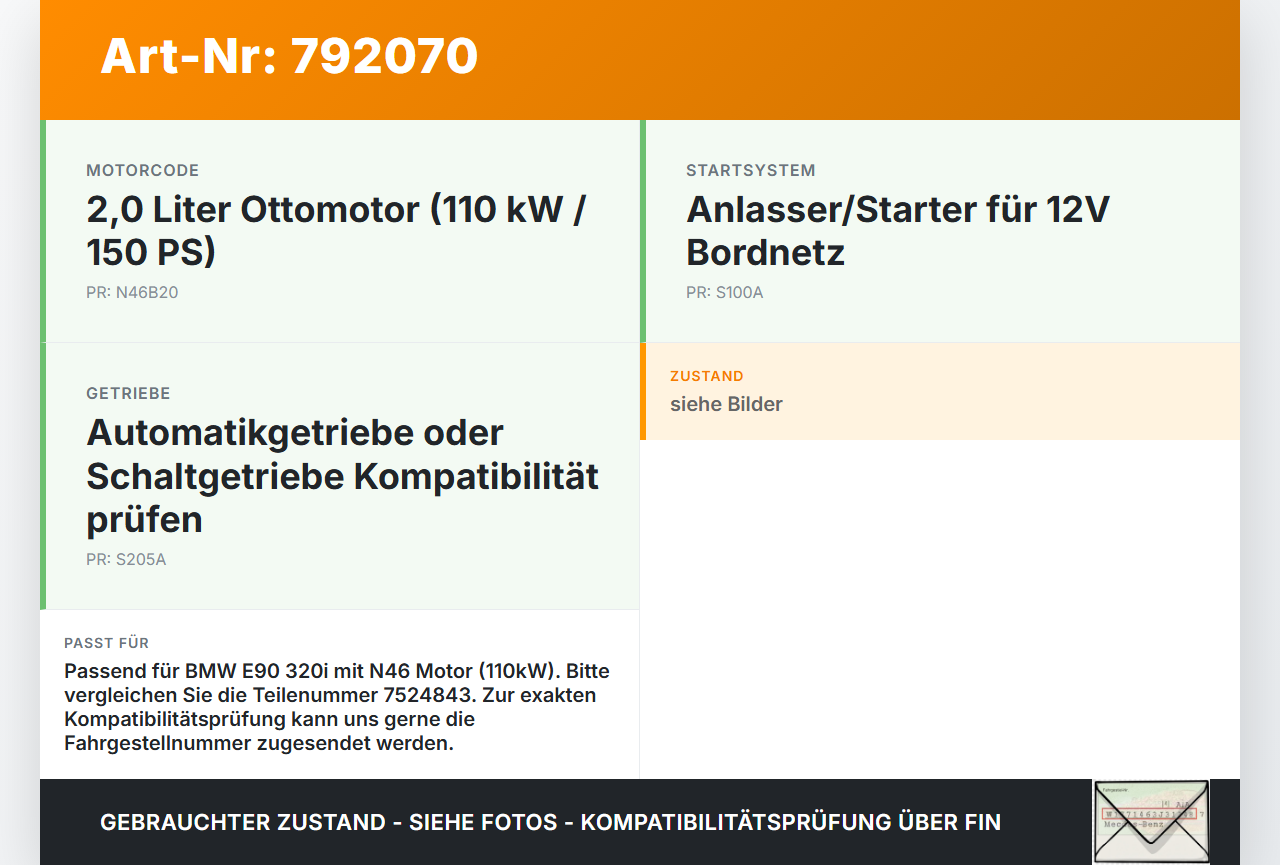 BMW E90 3er 320i 05-08 2,0 110KW Anlasser Starter BMW E90 3er 320i 05-08 15.06.2005 7524843 7524843-03... Vorschau 3