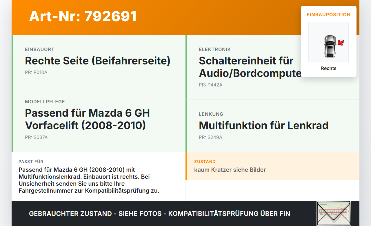 Mazda 6 GH 08-10 Lenkradschalter Multifunktionstasten Schalter für Lenkrad Rechts Mazda 6 GH 08-10 22.04.2009... Vorschau 3