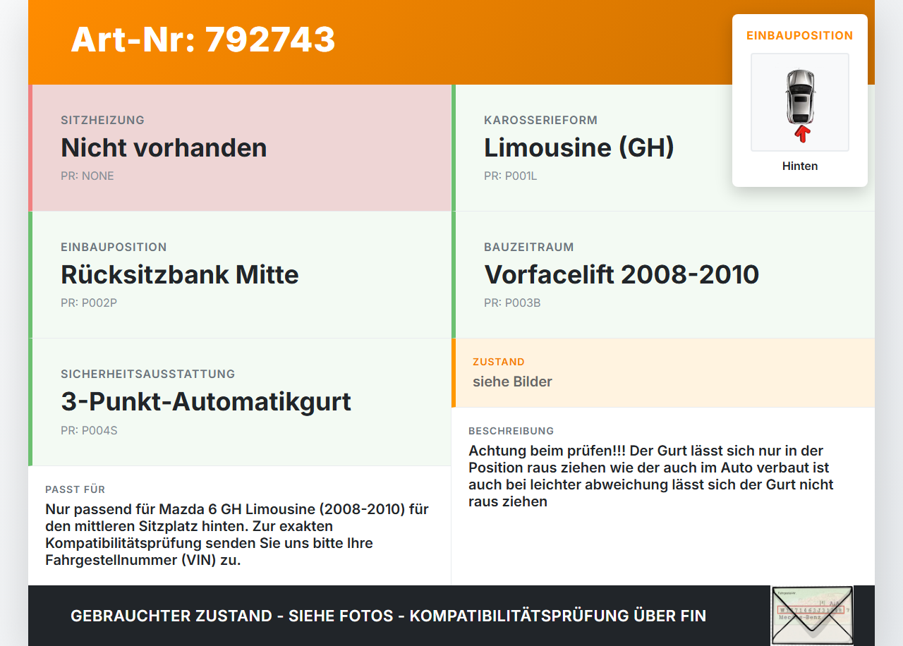 Mazda 6 GH 08-10 Lim Gurt Sicherheitsgurt Mitte Hinten Mazda 6 GH 08-10 22.04.2009 gebraucht Vorschau 3