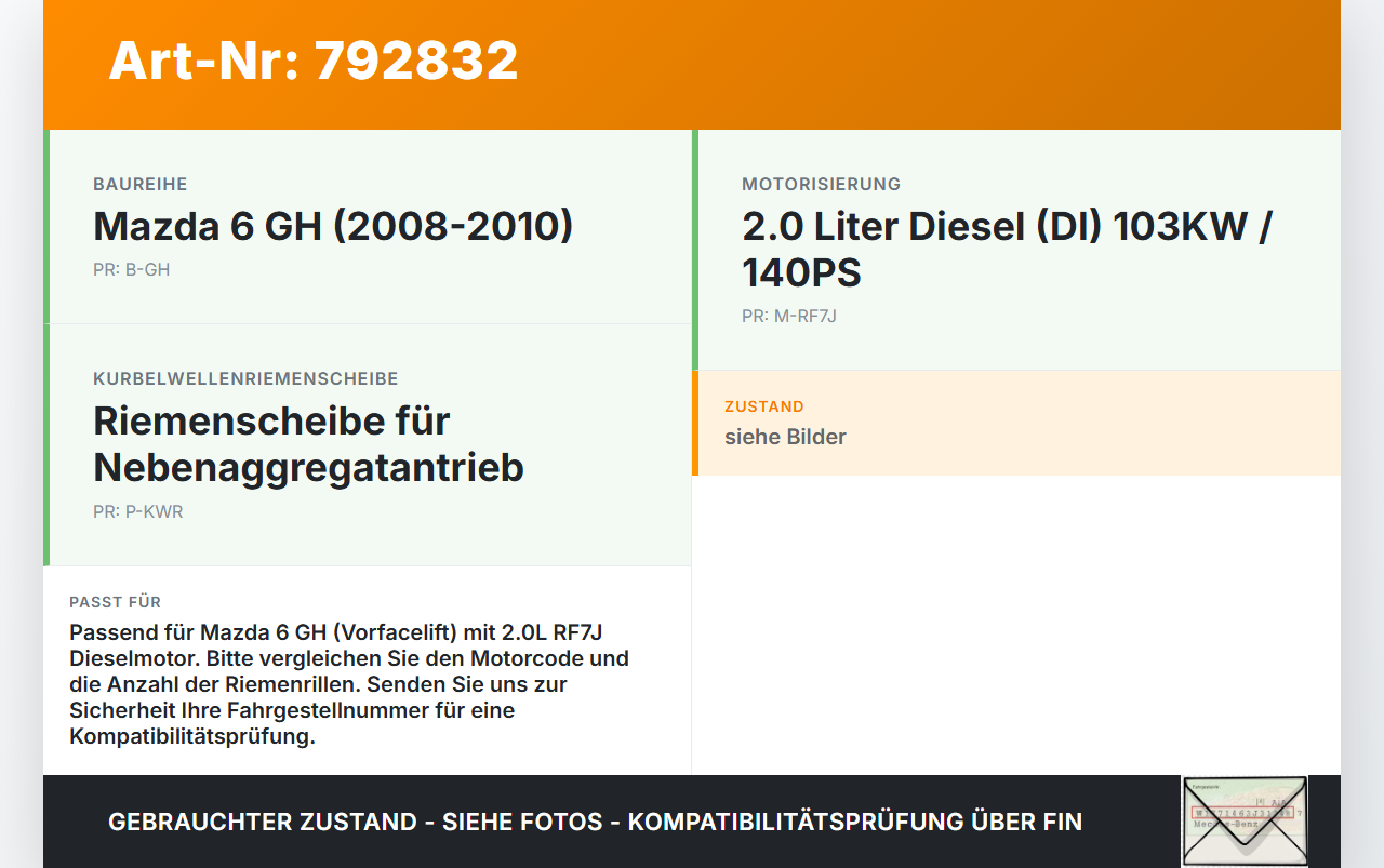 Mazda 6 GH 08-10 DI 2,0 103KW RF7J Riemenscheibe Mazda 6 GH 08-10 22.04.2009 gebraucht Vorschau 3