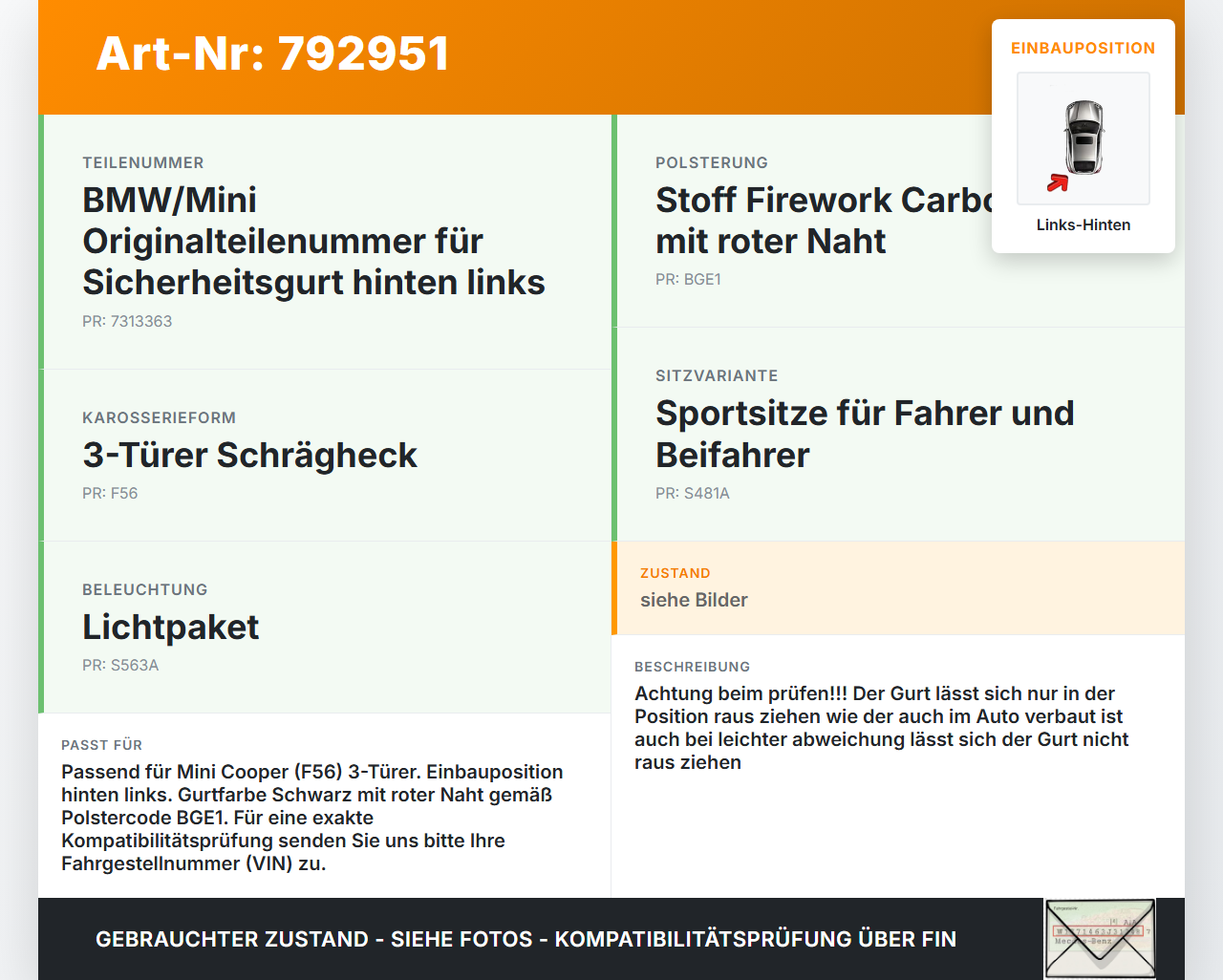 Mini Cooper D F56 14-18 Gurt Sicherheitsgurt Links Hinten Mini Cooper D F56 14-18 27.06.2014 7313363 gebraucht Vorschau 3