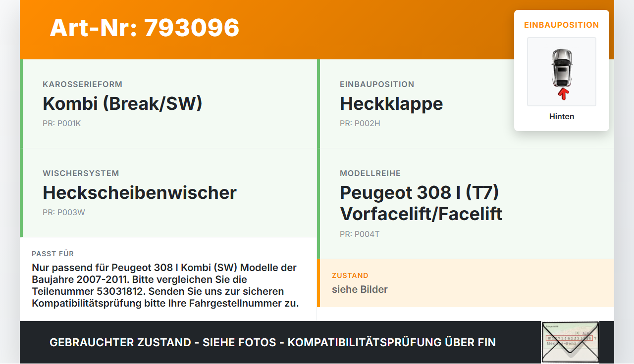 Peugeot 308 I T7 07-11 Kombi Wischermotor Hinten Heckwischermotor Peugeot 308 I T7 07-11 28.03.2011 9680477480... Vorschau 3