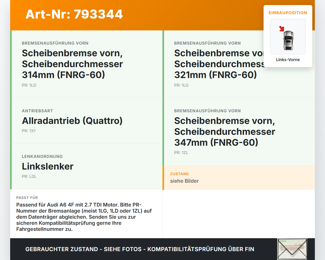 Audi A6 4F C6 08-11 TDI 2,7 140KW Bremssattel Bremszange Vorne Links Audi A6 4F C6 08-11 22.04.2010 gebraucht Vorschau 3