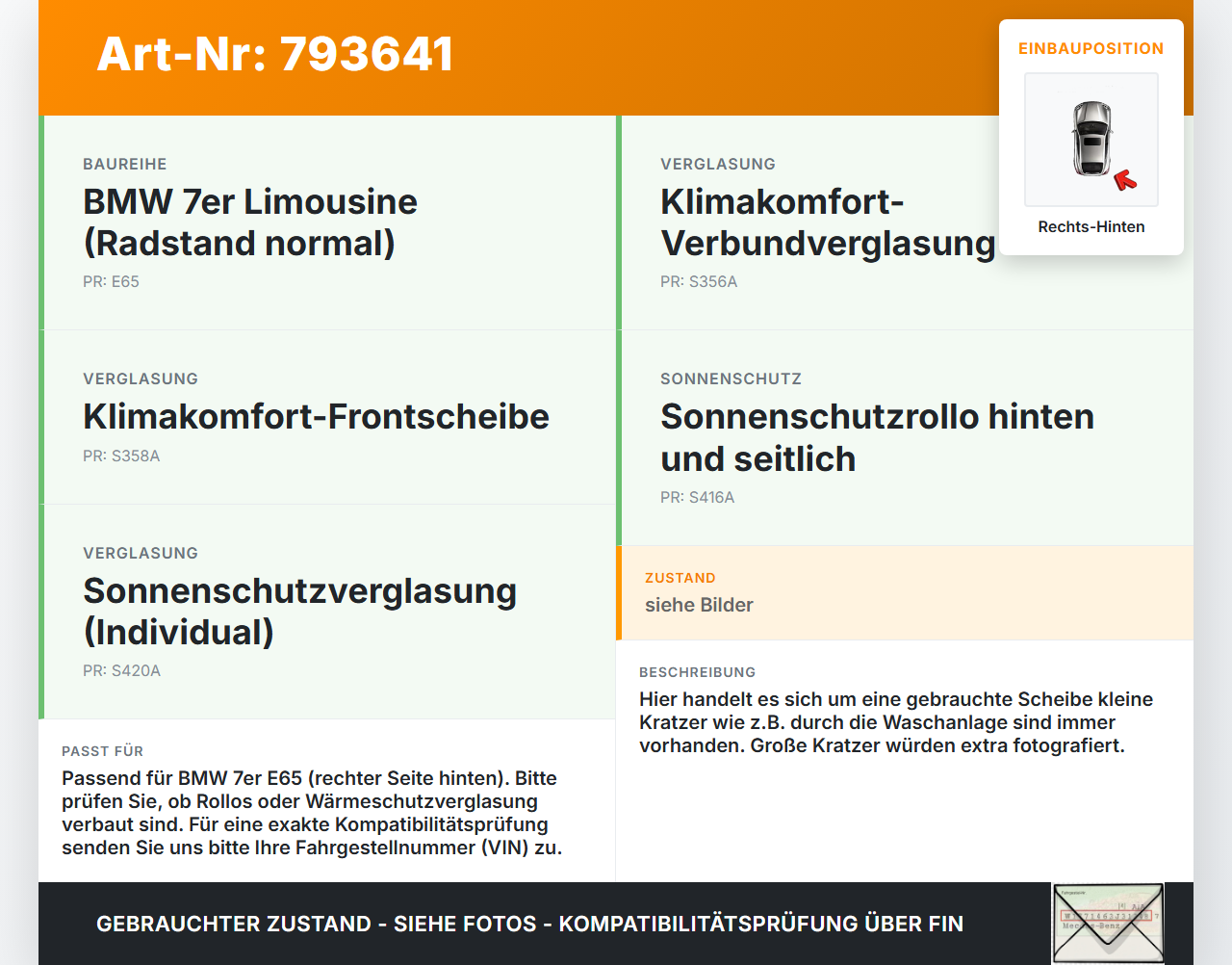 BMW 7er E65 730d 02-05 Stufenheck RH Dreieck Seitenscheibe Scheibe Rechts Hinten BMW 7er E65 730d 02-05 20.01.2004... Vorschau 3