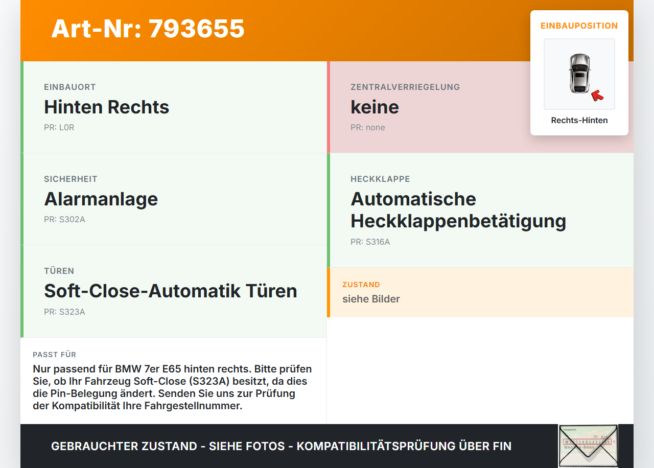 BMW 7er E65 730d 02-05 Stufenheck Türschloss m. ZV Stellmotor Rechts Hinten BMW 7er E65 730d 02-05 20.01.2004... Vorschau 3
