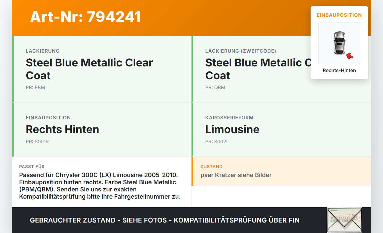 Chrysler 300C LX 05-10 Lim Türgriff Griff aussen Rechts Hinten PBM QBM Chrysler 300C LX 05-10 07.08.2006 gebraucht Vorschau 3