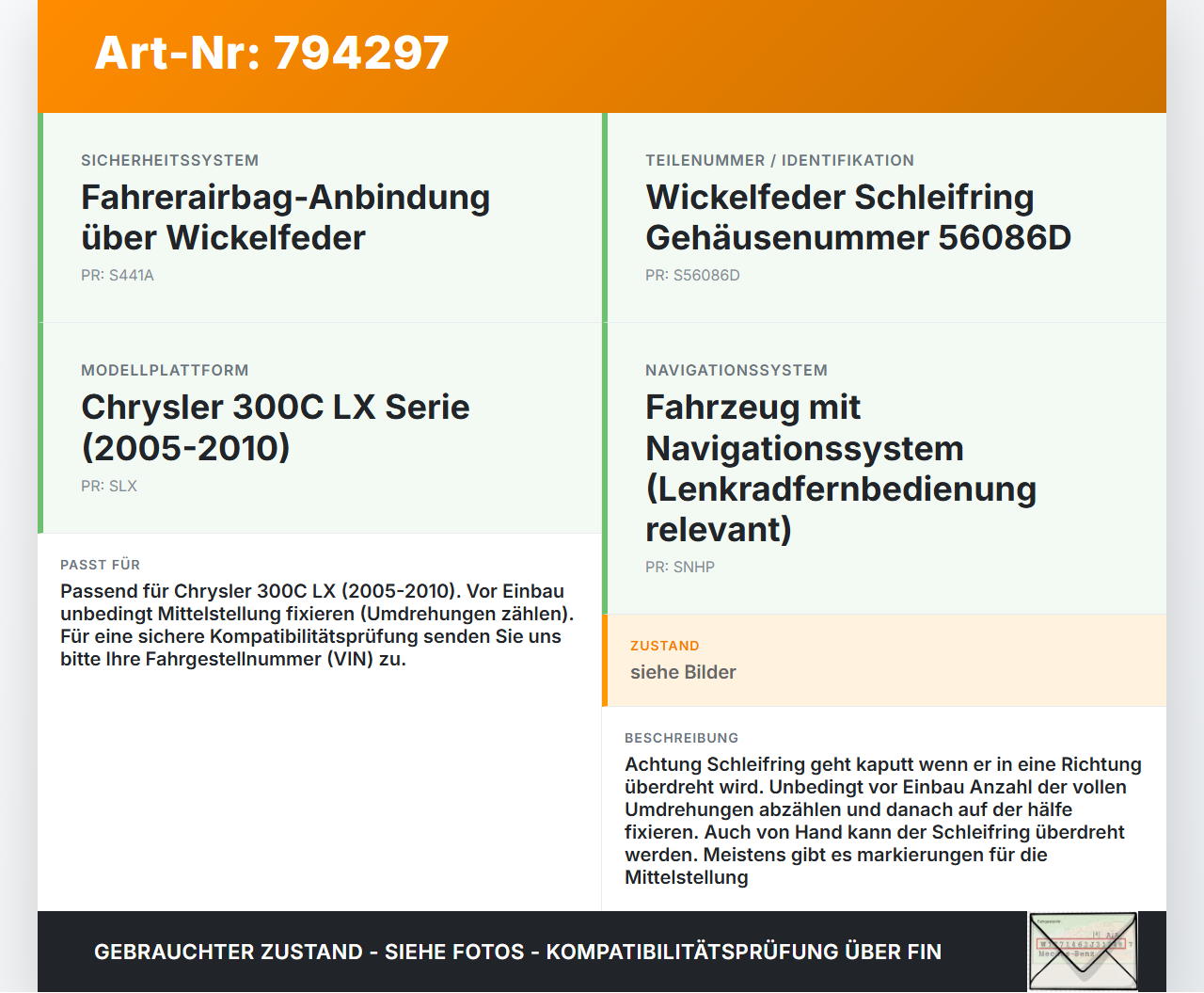 Chrysler 300C LX 05-10 Airbag Schleifring Wickelfeder Chrysler 300C LX 05-10 07.08.2006 56086D gebraucht Vorschau 3