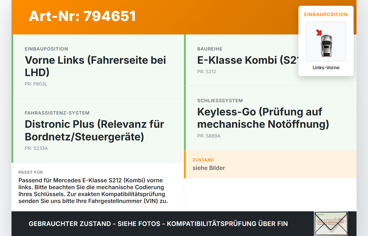 Mercedes S212 E350d 13-16 Kombi 1x Schlüsselbart Türschloss Schließzylinder für Tür Links Vorne Mercedes S212 E350d... Vorschau 3