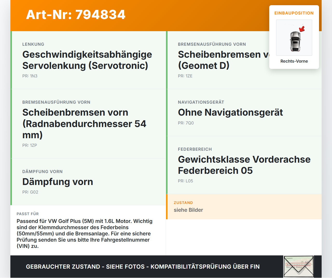 VW Golf 5M Plus 04-08 1,6 75KW Achsschenkel Radnabe mit ABS Rechts Vorne VW Golf 5M Plus 04-08 15.07.2008 gebraucht Vorschau 3