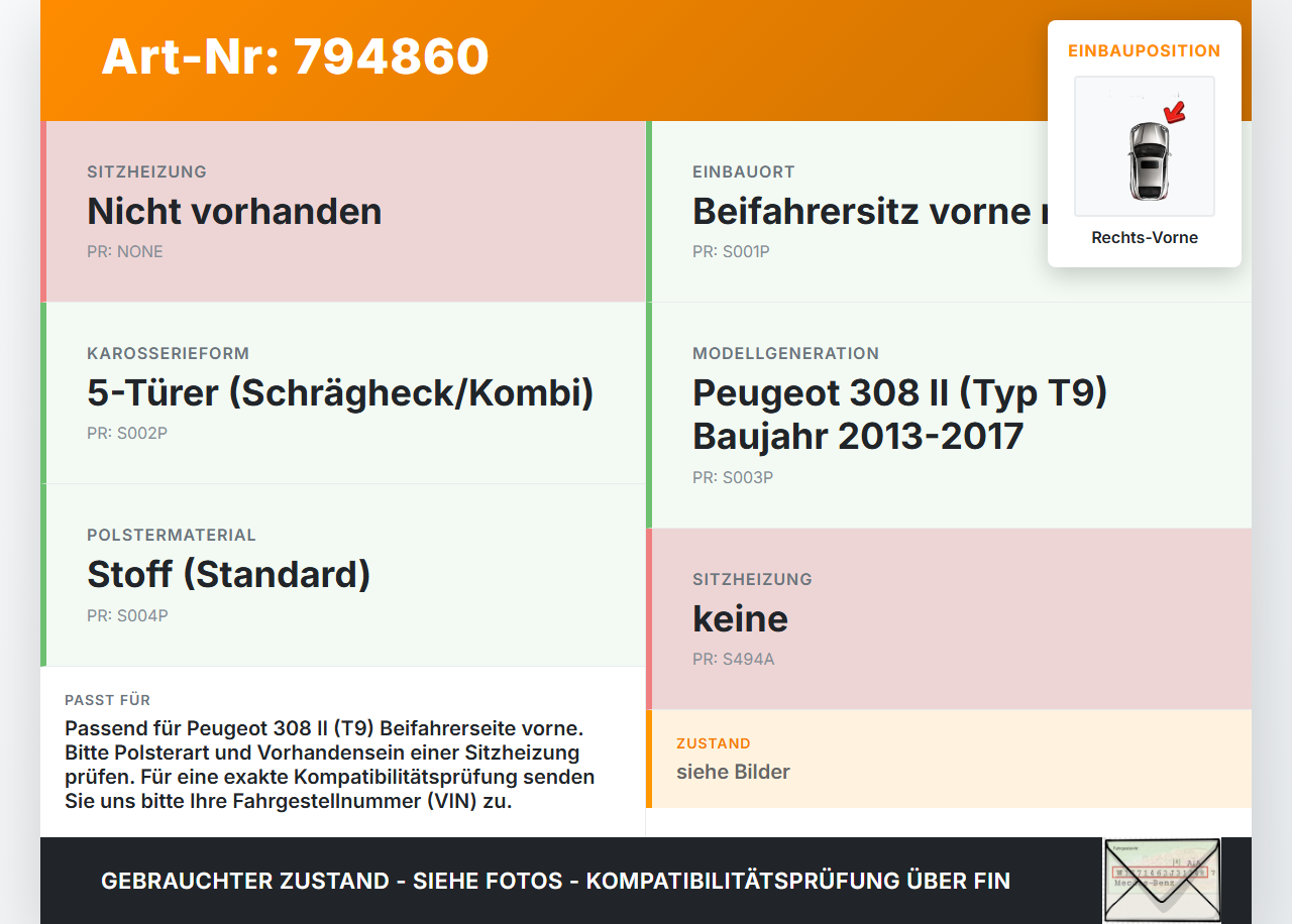 Peugeot 308 II T9 13-17 5T Sitzpolster für Beifahrersitz Rechts Vorne Peugeot 308 II T9 13-17 12.06.2014 gebraucht Vorschau 3