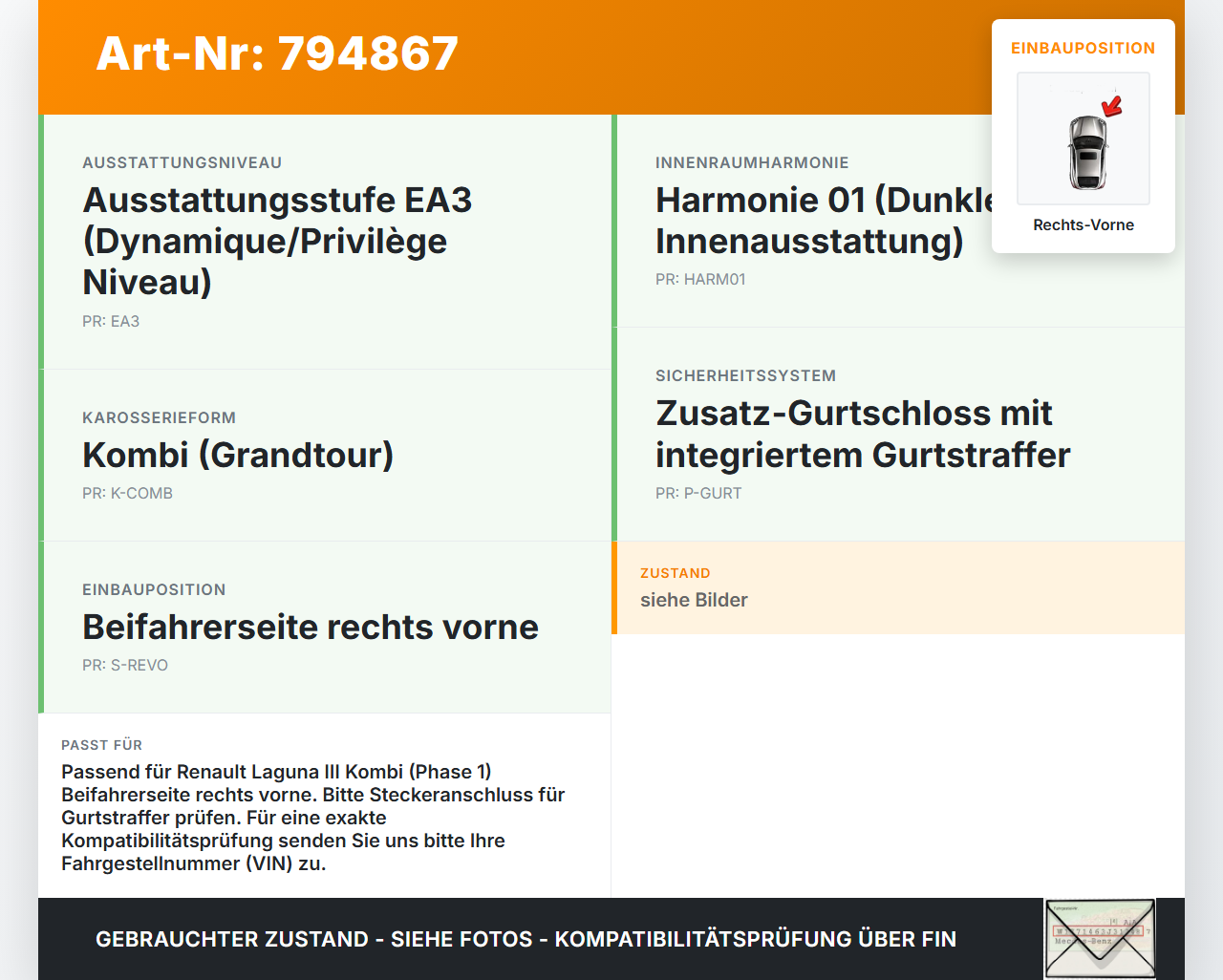 Renault Laguna III 3 08-11 Kombi Gurtstraffer Zusatz- Gurtschloss Beifahrer Rechts Vorne Renault Laguna III 3 08-11... Vorschau 3