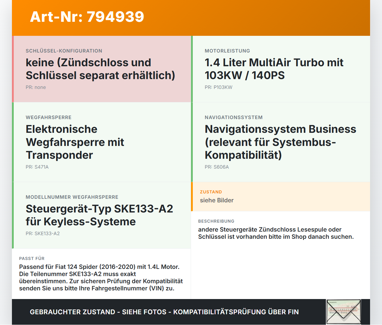 Fiat Spider 124 16-20 1,4 103KW Wegfahrsperre ECU Steuergerät Fiat Spider 124 16-20 06.10.2016 SKE133-A2... Vorschau 3