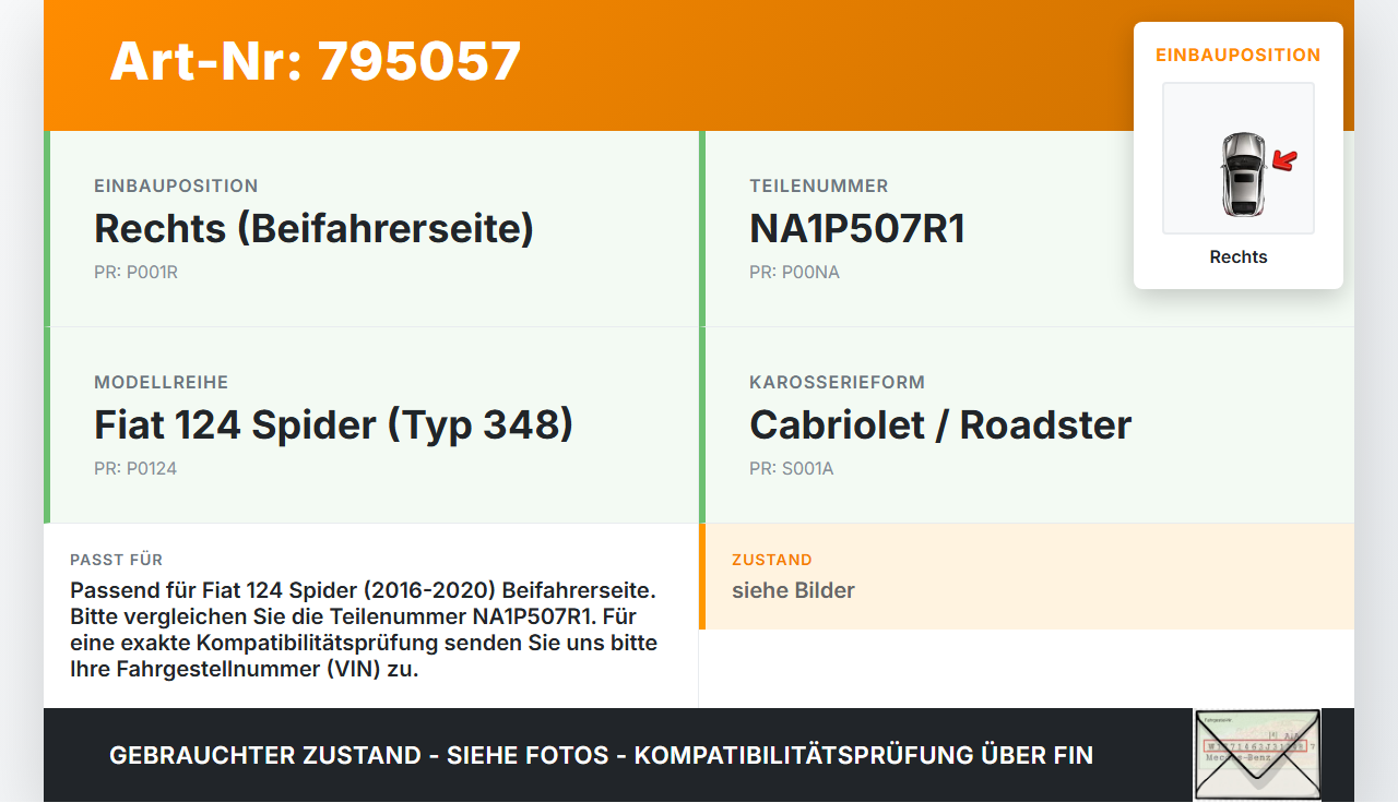 Fiat Spider 124 16-20 Wasserabweiser Wasserleitblech Rechts Fiat Spider 124 16-20 06.10.2016 NA1P507R1 gebraucht Vorschau 3