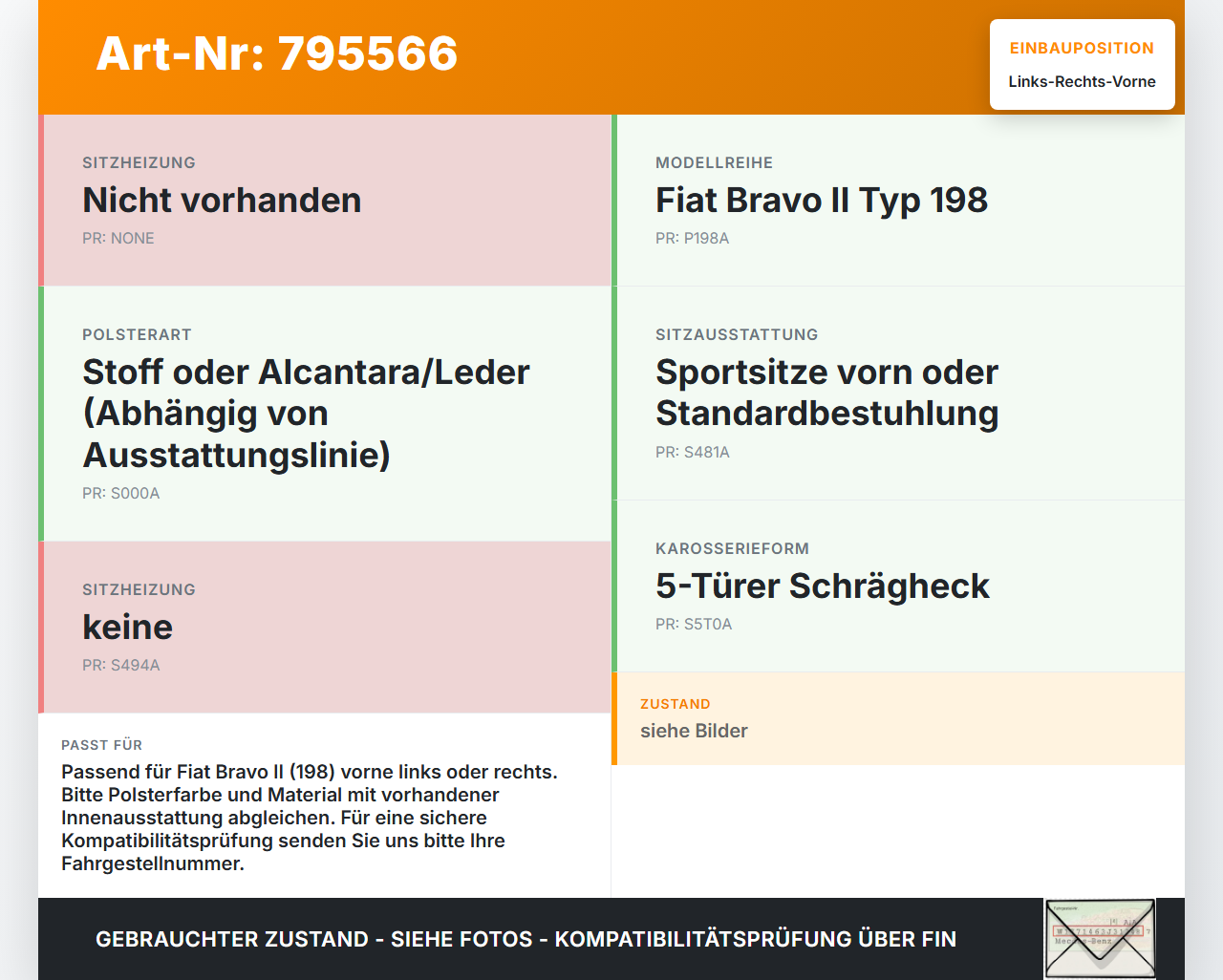 Fiat Bravo II 198 07-14 5T Kopfstütze für Beifahrer Sitz Rechts oder Links Vorne Fiat Bravo II 198 07-14 18.02.2008... Vorschau 3