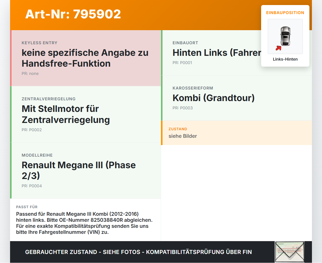 Renault Megane III 12-16 Kombi Türschloss m. ZV Stellmotor Links Hinten Renault Megane III 12-16 01.01.2015... Vorschau 3