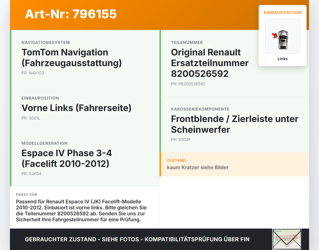 Renault Espace IV JK 10-12 Frontblende Frontleiste Links Renault Espace IV JK 10-12 25.05.2012 8200526592 gebraucht Vorschau 3