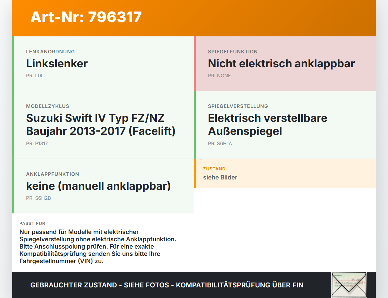 Suzuki Swift IV FZ 13-17 Spiegelverstellung Aussenspiegel Schalter Suzuki Swift IV FZ 13-17 18.12.2013 62J00-1912T... Vorschau 3