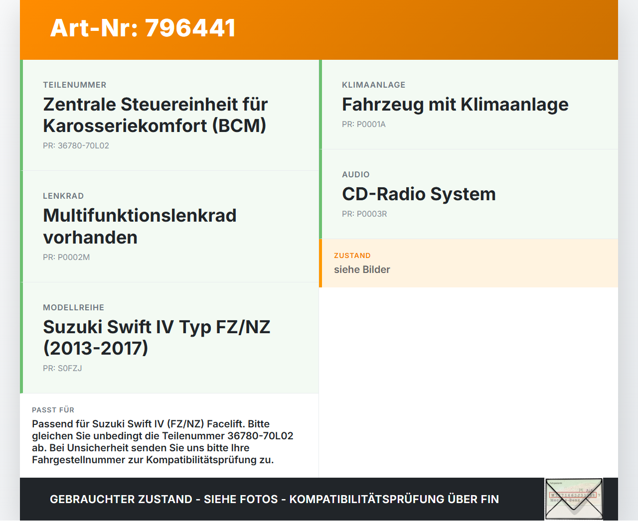 Suzuki Swift IV FZ 13-17 Steuergerät SG Komfort Suzuki Swift IV FZ 13-17 18.12.2013 36780-70L02 gebraucht Vorschau 3