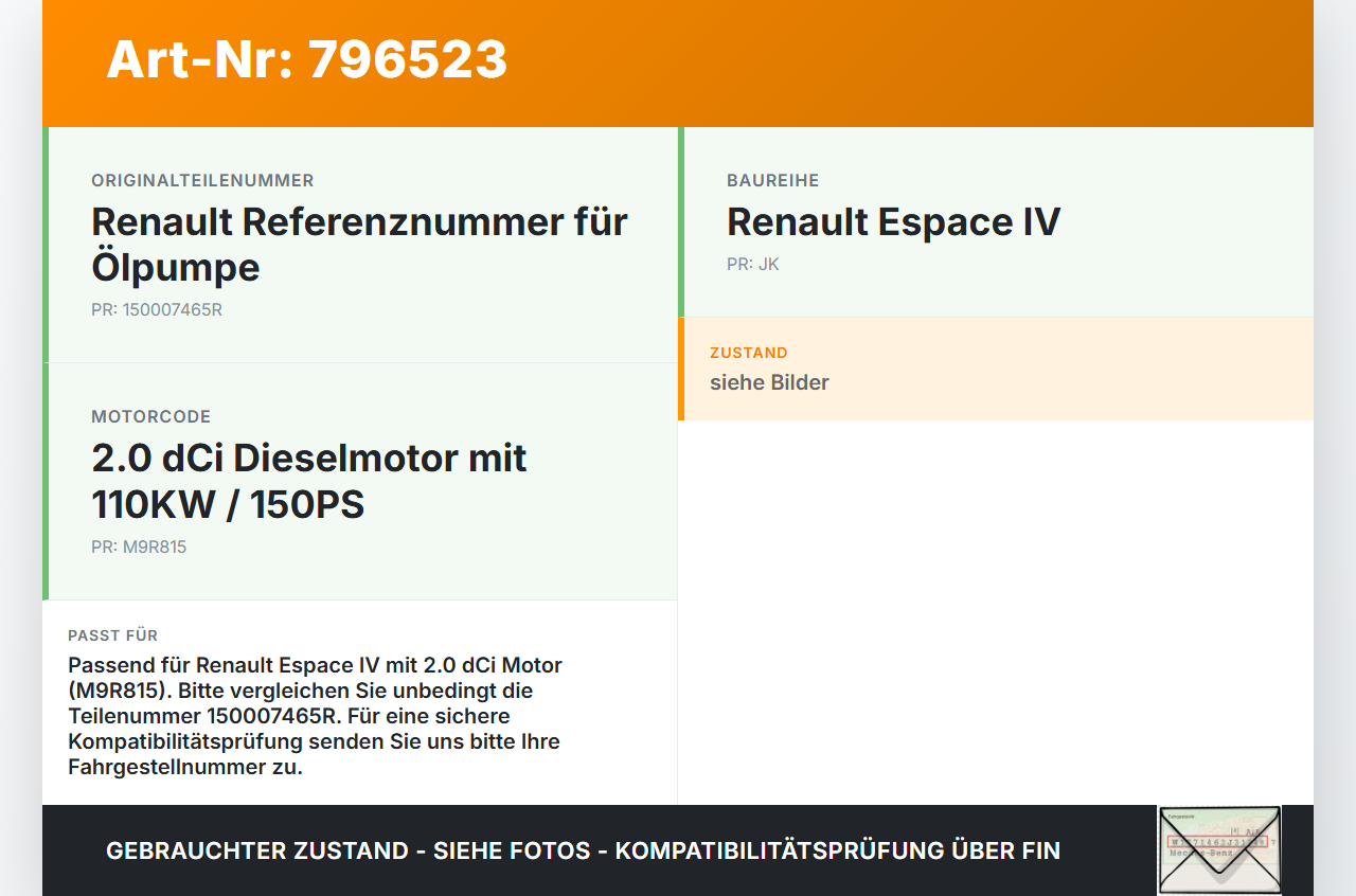 Renault Espace IV JK 10-12 dCi 2,0 110KW M9R815 Ölpumpe Renault Espace IV JK 10-12 25.05.2012 150007465R gebraucht Vorschau 3