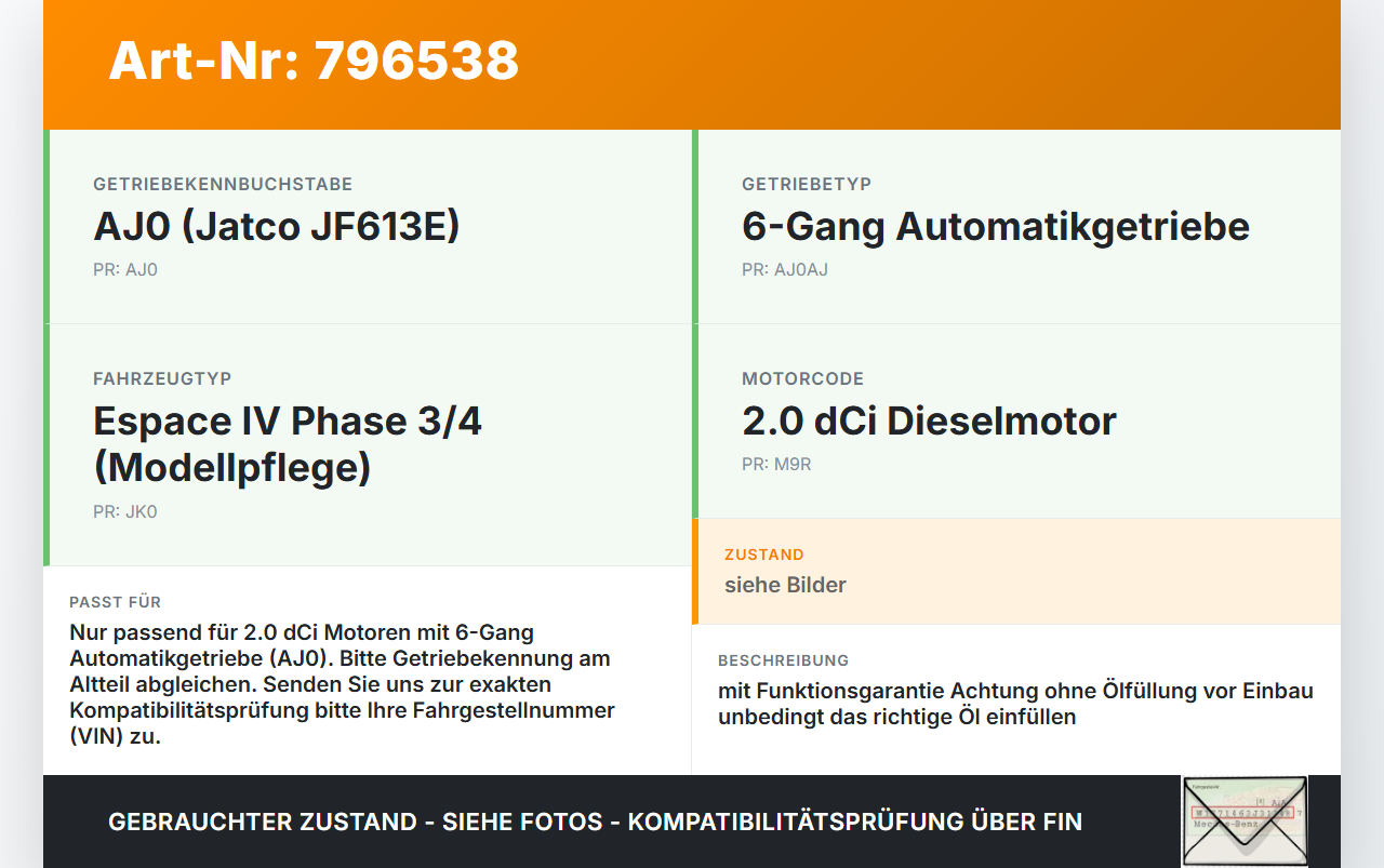 Renault Espace IV JK 10-12 dCi 2,0 110KW AJ0100 Automatikgetriebe Getriebe ohne Wandler Renault Espace IV JK 10-12... Vorschau 3