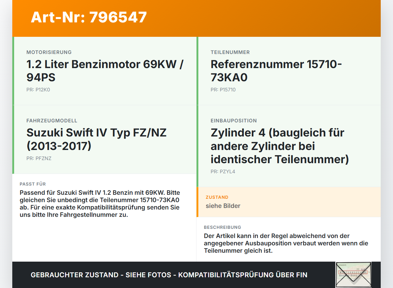 Suzuki Swift IV FZ 13-17 1,2 69KW Injektor Einspritzdüse Zyl.4 Suzuki Swift IV FZ 13-17 18.12.2013 15710-73KA0 gebraucht Vorschau 3