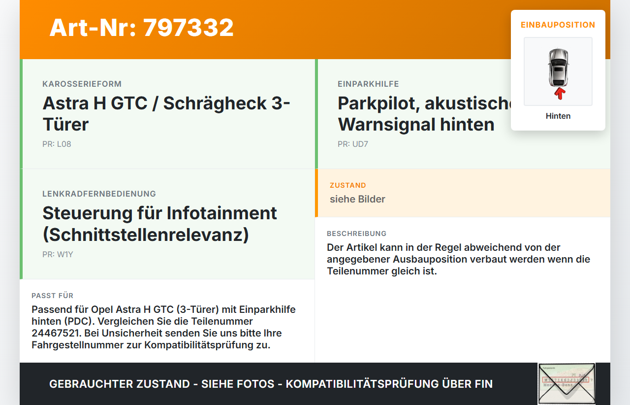 Opel Astra H GTC 06-10 PDC Kabelbaum Pos.1 Hinten Opel Astra H GTC 06-10 06.06.2007 24467521 6163631 gebraucht Vorschau 3