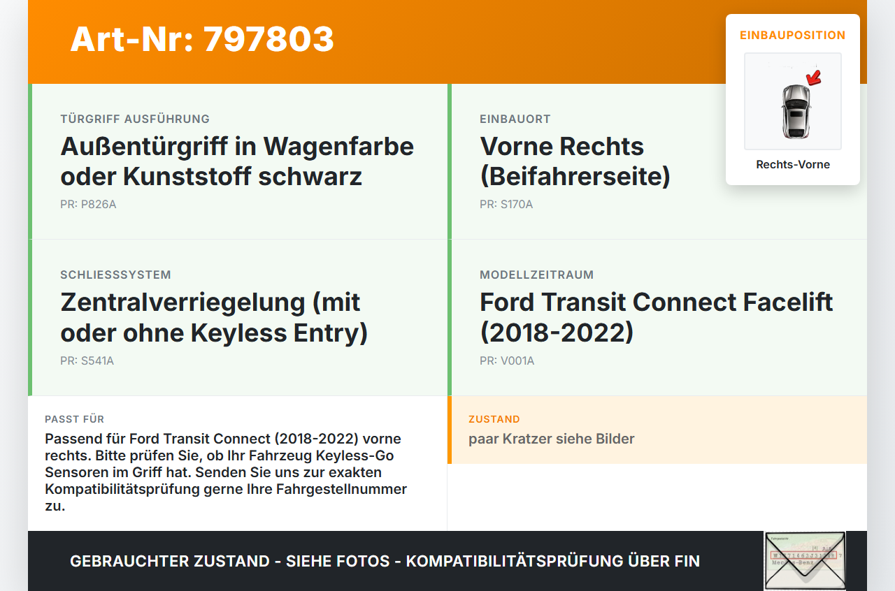Ford Transit Connect 18-22 Türgriff Griff aussen Rechts Vorne Ford Transit Connect 18-22 15.04.2019 gebraucht Vorschau 3