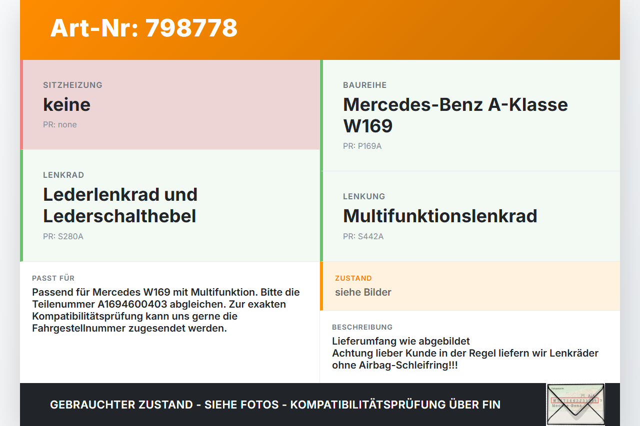 Mercedes W169 A180 04-08 Lenkrad Airbaglenkrad Mercedes W169 A180 04-08 17.02.2005 A1694600403 305221299162 gebraucht Vorschau 3