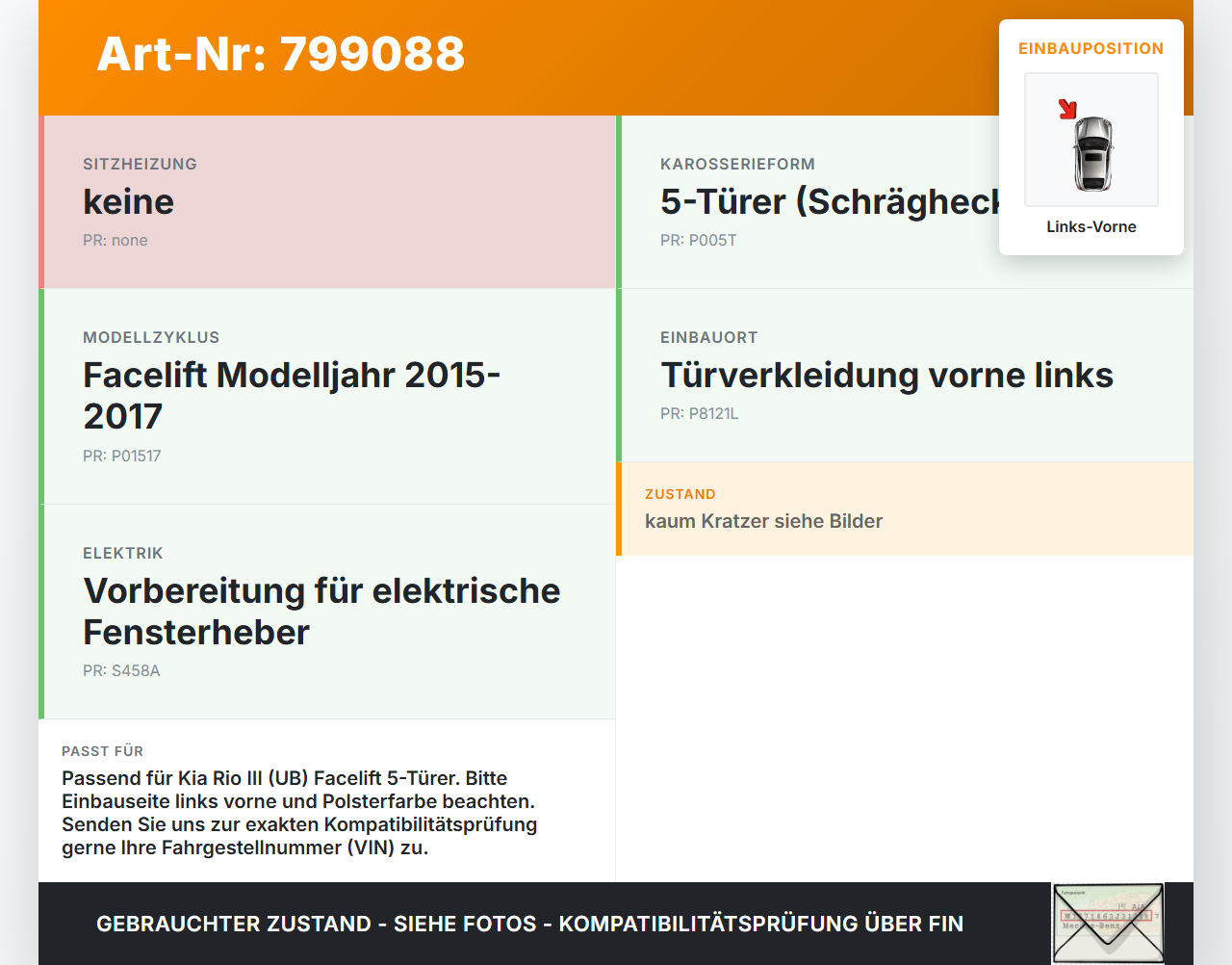 Kia Rio III UB 15-17 5T Türverkleidung Türpappe Links Vorne Kia Rio III UB 15-17 21.05.2015 gebraucht Vorschau 3