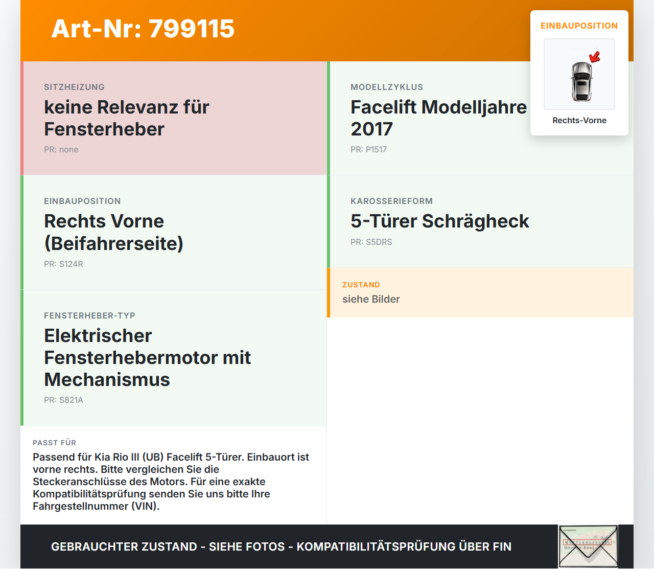 Kia Rio III UB 15-17 5T Fensterhebermotor mit Fensterheber Rechts Vorne Kia Rio III UB 15-17 21.05.2015 gebraucht Vorschau 3