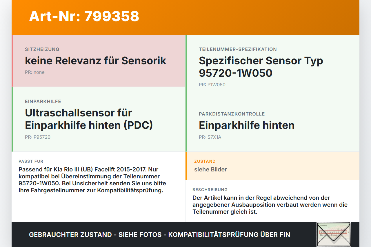 Kia Rio III UB 15-17 Abstands Sensor Parksensor PDC HL2 BEG Kia Rio III UB 15-17 21.05.2015 95720-1W050 gebraucht Vorschau 3