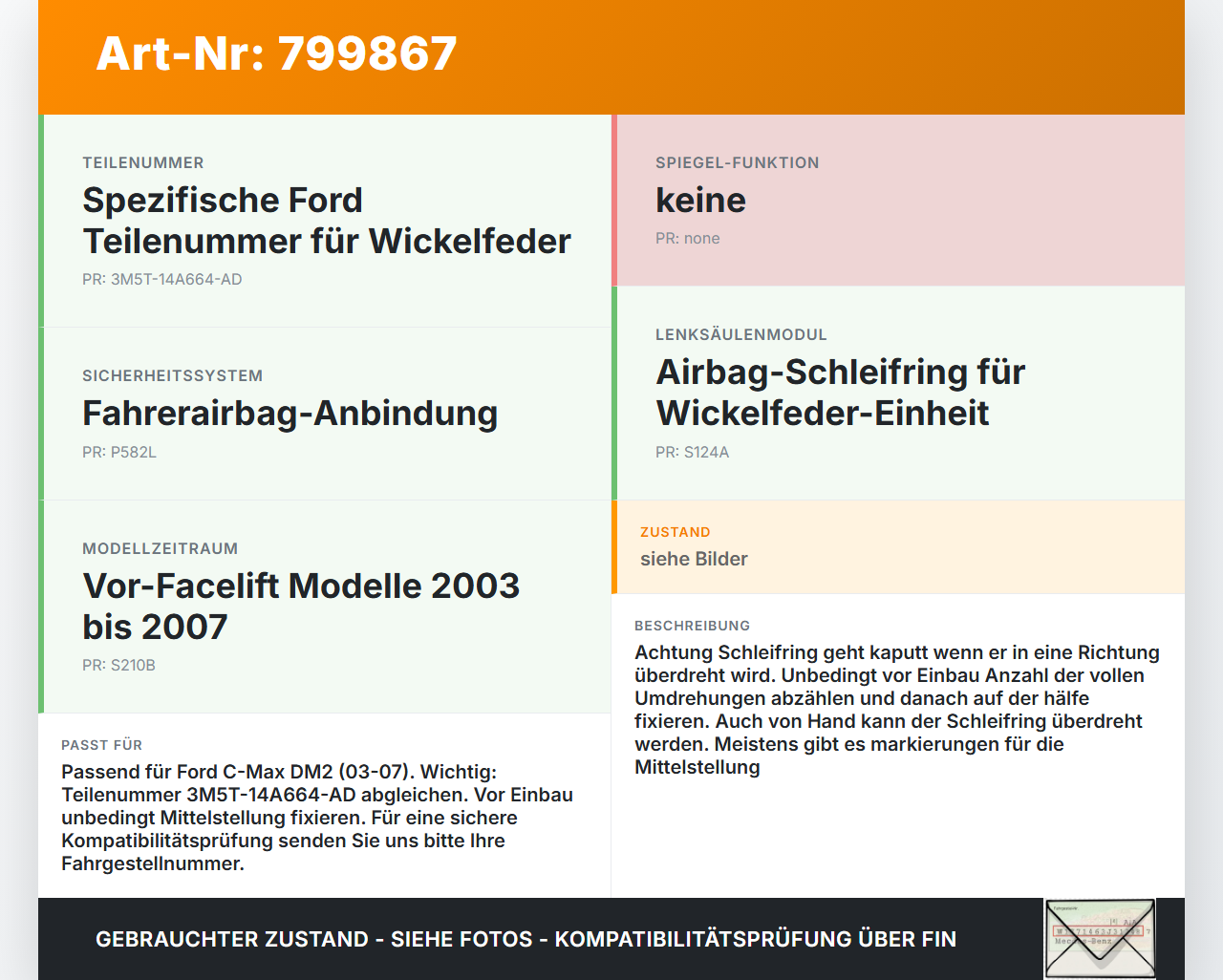 Ford C-Max DM2 03-07 Airbag Schleifring Wickelfeder Ford C-Max DM2 03-07 02.02.2004 3M5T-14A664-AD gebraucht Vorschau 3