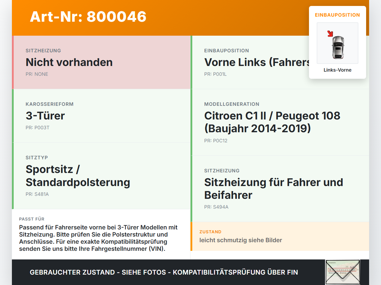 Citroen C1 II 108 14-19 3T Rückenpolster Links Vorne für Fahrer Sitz beheizt Citroen C1 II 108 14-19 01.02.2017... Vorschau 3