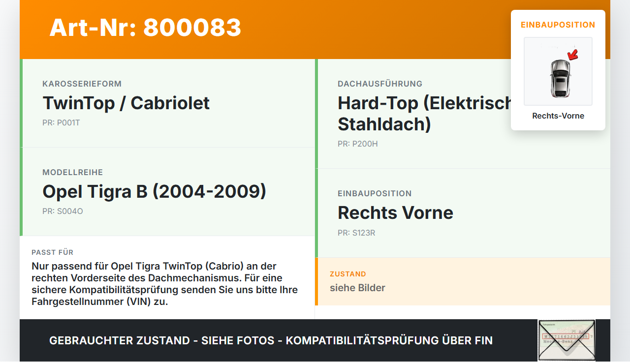 Opel Tigra Twintop 04-09  Cabrio Verriegelung für Verdeck Rechts Vorne Opel Tigra Twintop 04-09 30.03.2007 gebraucht Vorschau 3