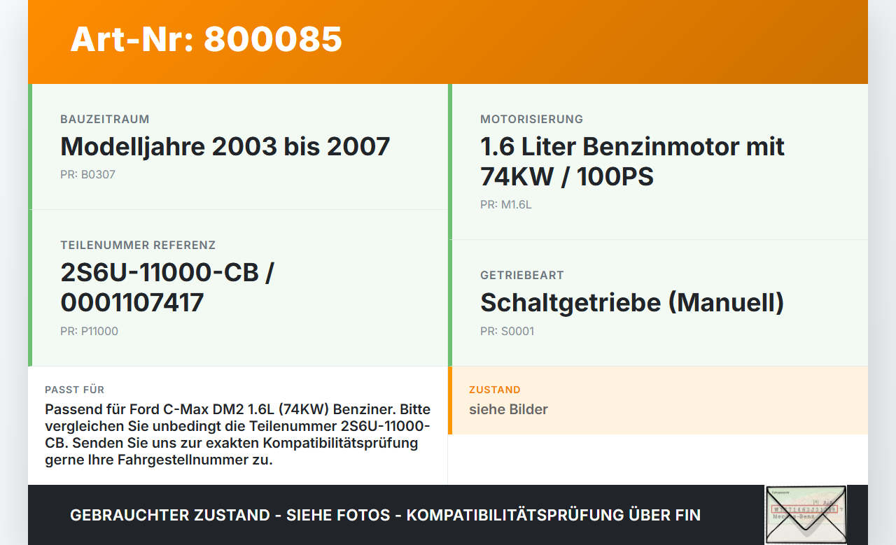 Ford C-Max DM2 03-07 1,6 74KW Anlasser Starter Ford C-Max DM2 03-07 02.02.2004 2S6U-11000-CB 0001107417 gebraucht Vorschau 3