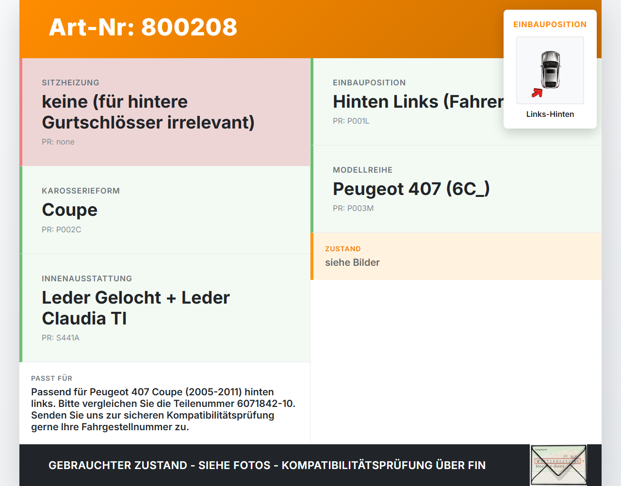 Peugeot 407 Coupe 05-11 Coupe Gurtschloss Links Hinten Peugeot 407 Coupe 05-11 01.02.2005 6071842-10 gebraucht Vorschau 3