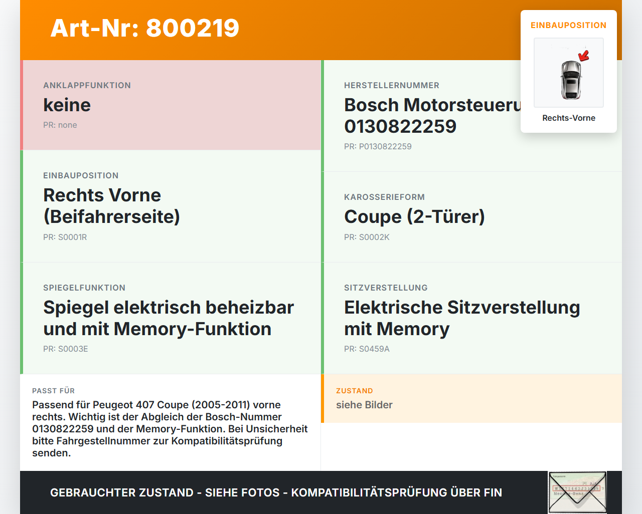 Peugeot 407 Coupe 05-11 Coupe Fensterhebermotor Rechts Vorne Peugeot 407 Coupe 05-11 01.02.2005 987284-108... Vorschau 3