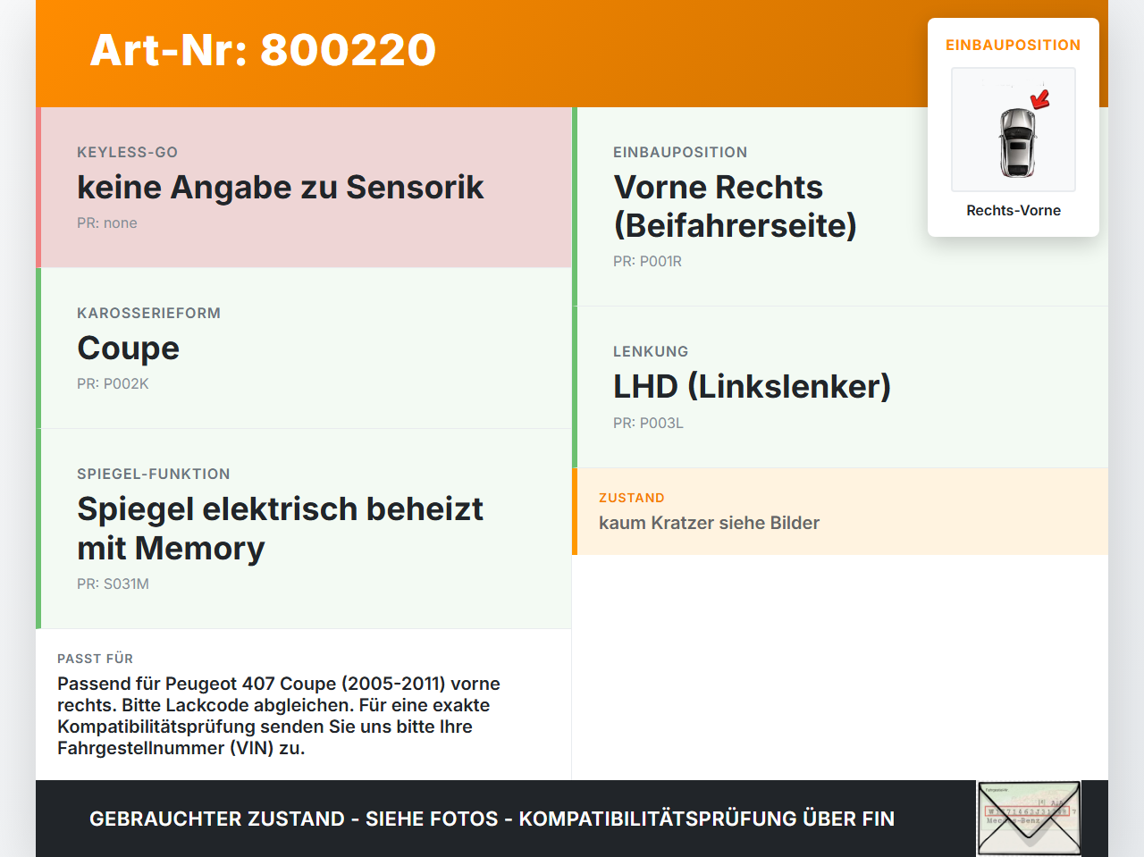 Peugeot 407 Coupe 05-11 Coupe Türgriff Griff aussen Rechts Vorne KPL Peugeot 407 Coupe 05-11 01.02.2005 gebraucht Vorschau 3