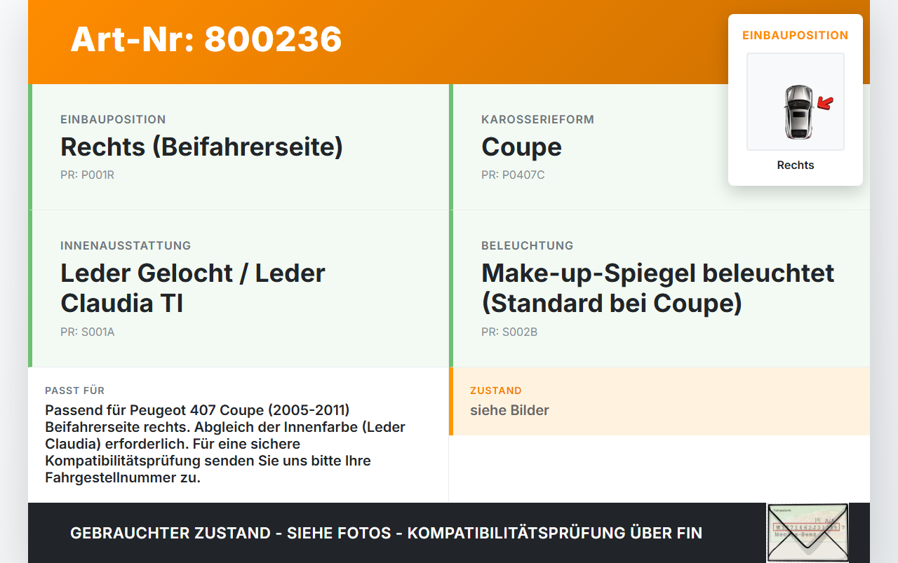 Peugeot 407 Coupe 05-11 Sonnenblende Rechts für Beifahrer Peugeot 407 Coupe 05-11 01.02.2005 gebraucht Vorschau 3