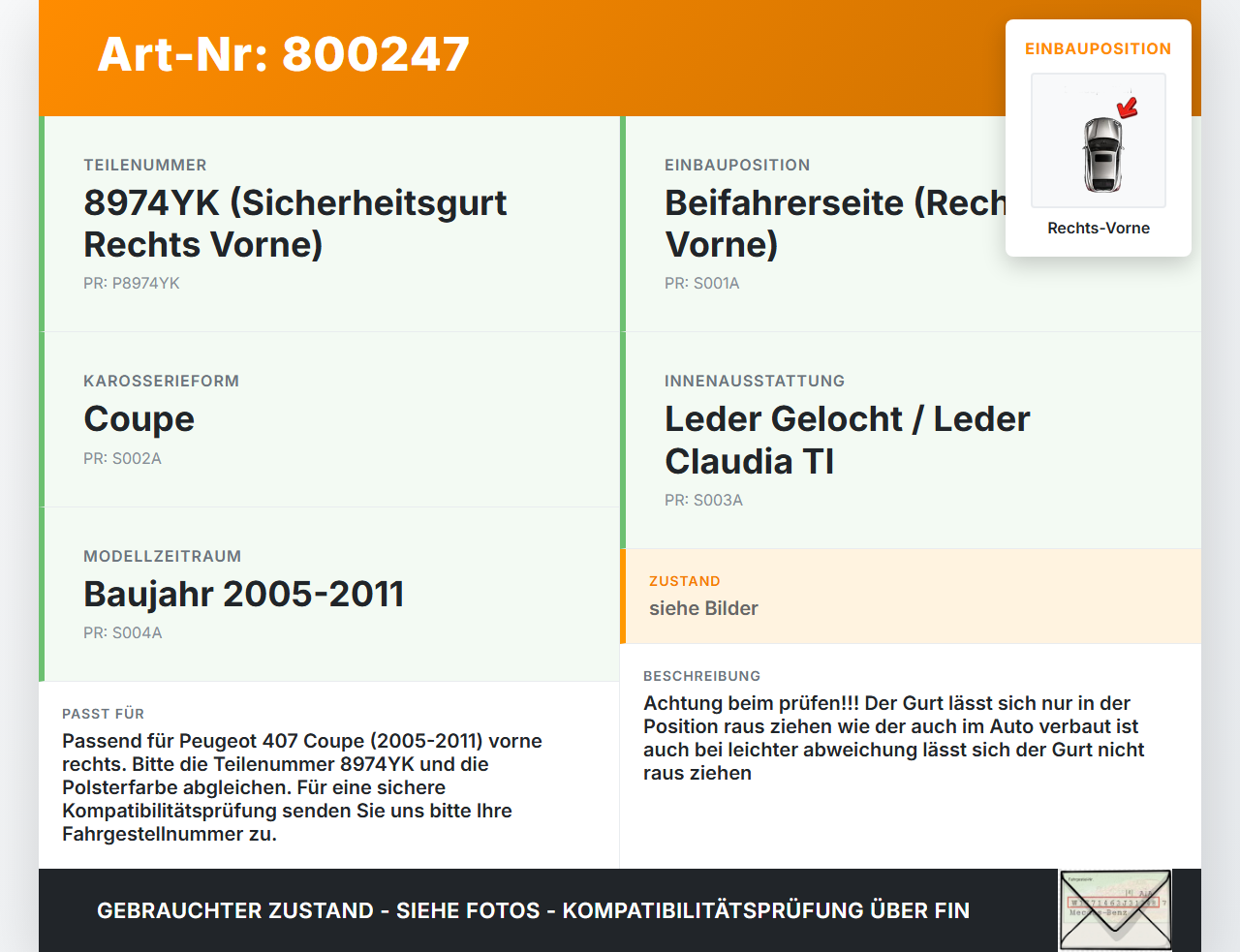 Peugeot 407 Coupe 05-11 Coupe Gurt Sicherheitsgurt Rechts Vorne Peugeot 407 Coupe 05-11 01.02.2005 96454978XX gebraucht Vorschau 3