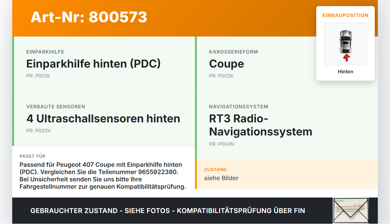 Peugeot 407 Coupe 05-11 Kabelbaum PDC Einparkhilfe Hinten Peugeot 407 Coupe 05-11 01.02.2005 9655922380 gebraucht Vorschau 3