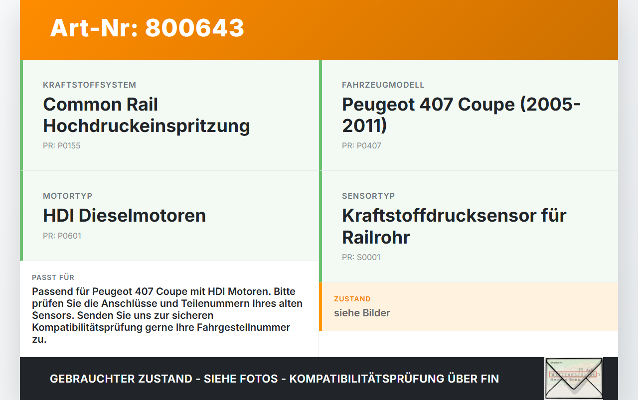 Peugeot 407 Coupe 05-11 HDI 2,7 150KW Railsensor Drucksensor Kraftstoff Common Rail Peugeot 407 Coupe 05-11... Vorschau 3