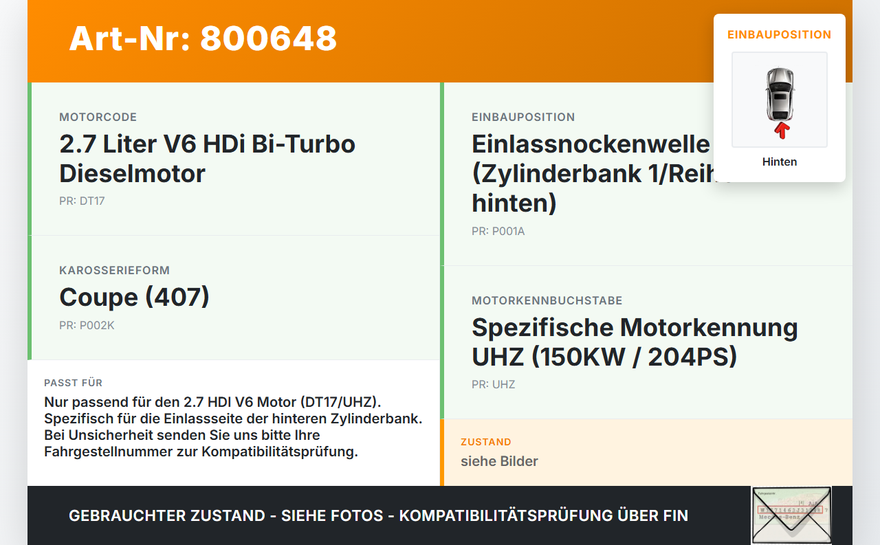 Peugeot 407 Coupe 05-11 HDI 2,7 150KW UHZ DT17 DT17BTED4 Nockenwelle Einlass Hinten Peugeot 407 Coupe 05-11... Vorschau 3