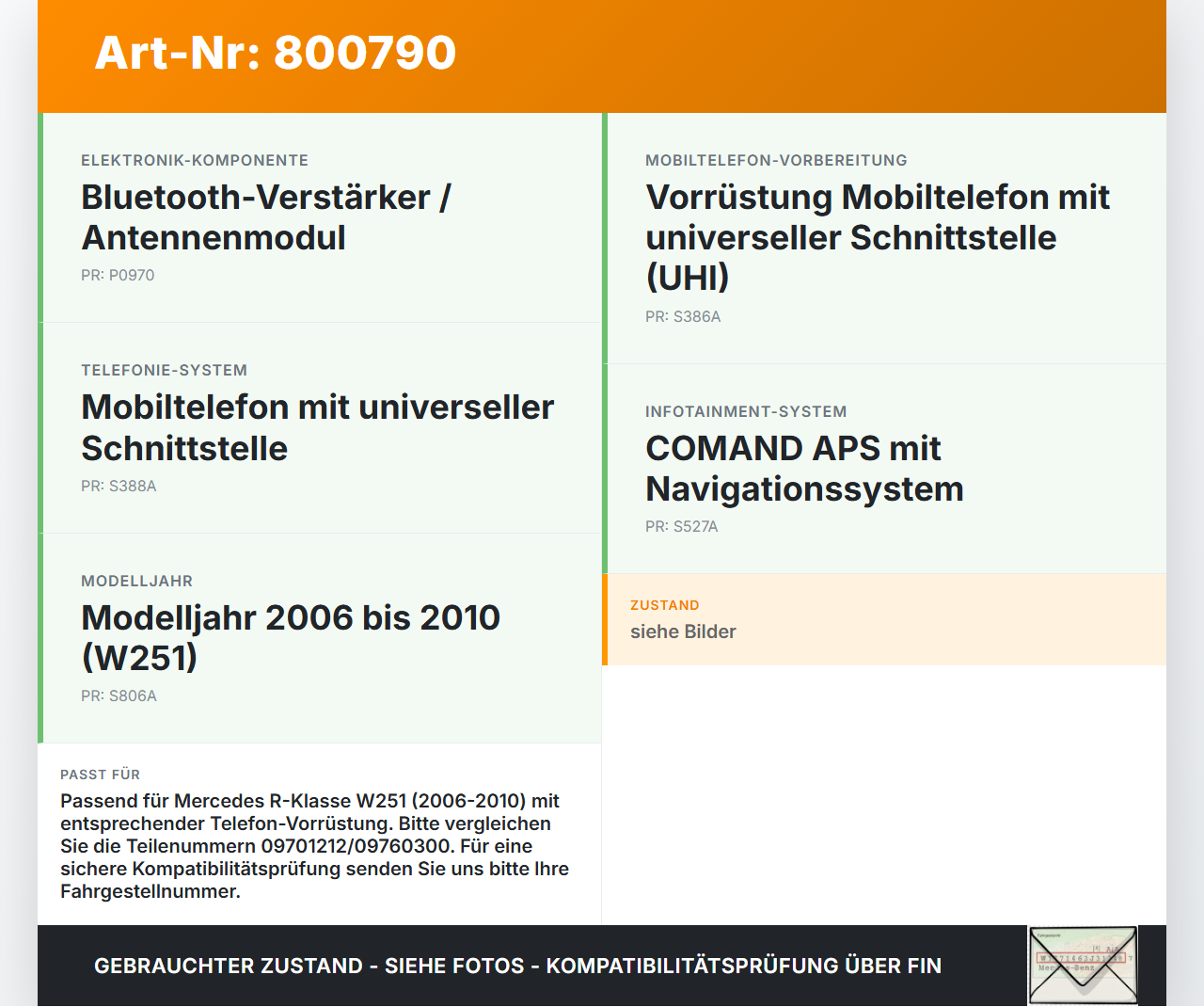 Mercedes R320 W251 06-10 Antenne Bluetooth Amplifier Mercedes R320 W251 06-10 04.07.2006 A2118200885 gebraucht Vorschau 3