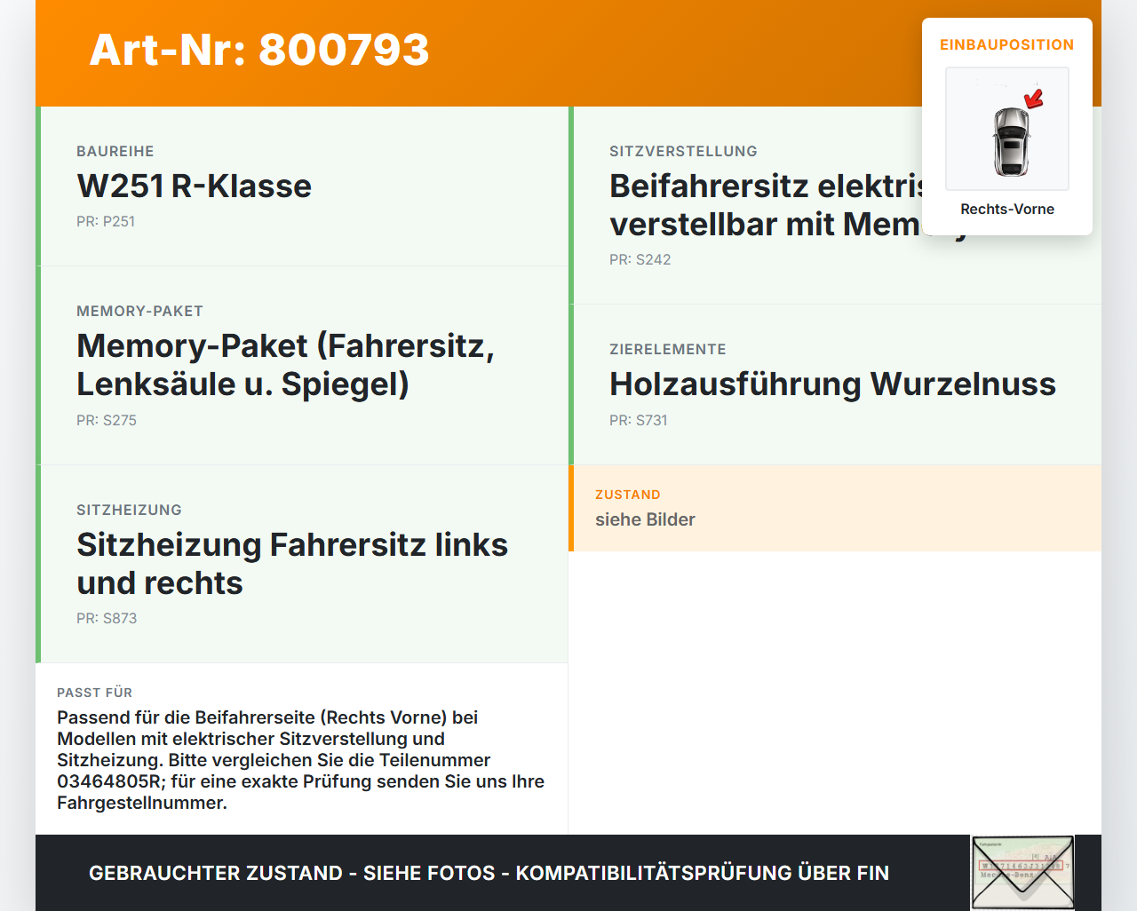 Mercedes R320 W251 06-10 Sitzverstellung Schalter Rechts Vorne Mercedes R320 W251 06-10 04.07.2006 A1648201410... Vorschau 3